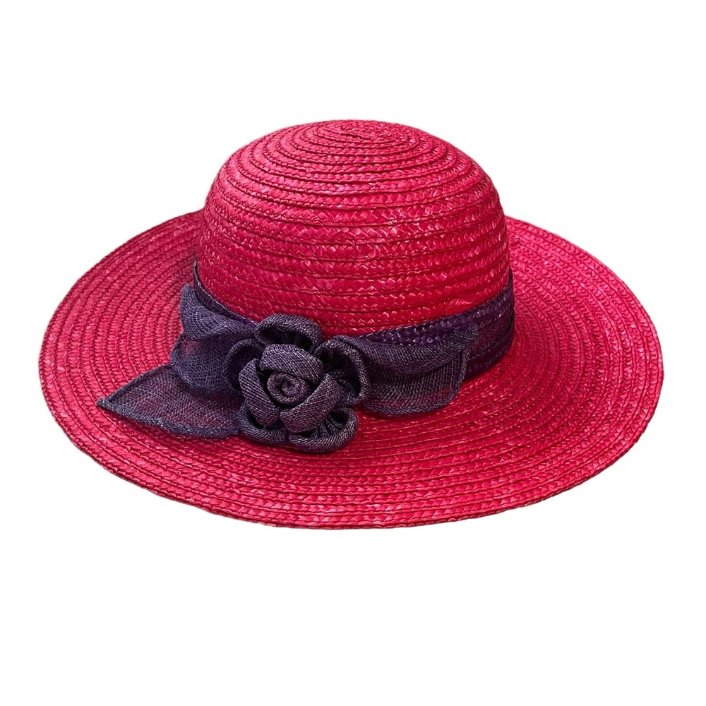 Red Straw Hat with purple jute ribbon bow society luncheon summer shade bright